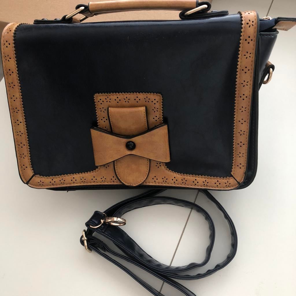 Vintage Dames schouder/ handtas. Blauw/ beige, Ophalen of Verzenden, 15 inch, Zo goed als nieuw
