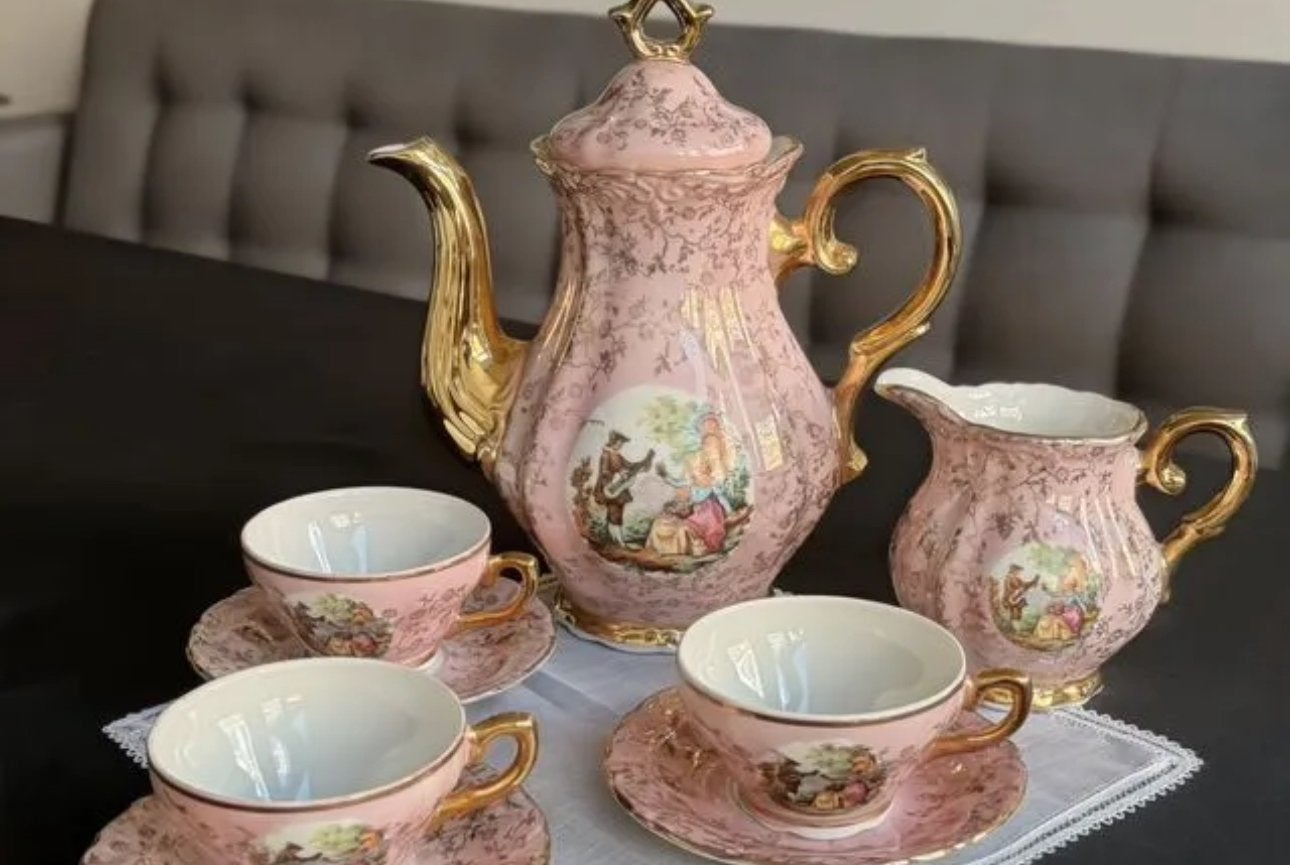 Vintage koffie- en theeservies, Frankrijk, jaren 1950, Antiek en Kunst, Antiek | Porselein, Ophalen of Verzenden
