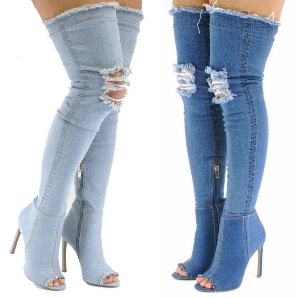Overknee denim laarzen (knie hoge hakken spijker stiletto), Verzenden, Nieuw, Blauw, Hoge laarzen