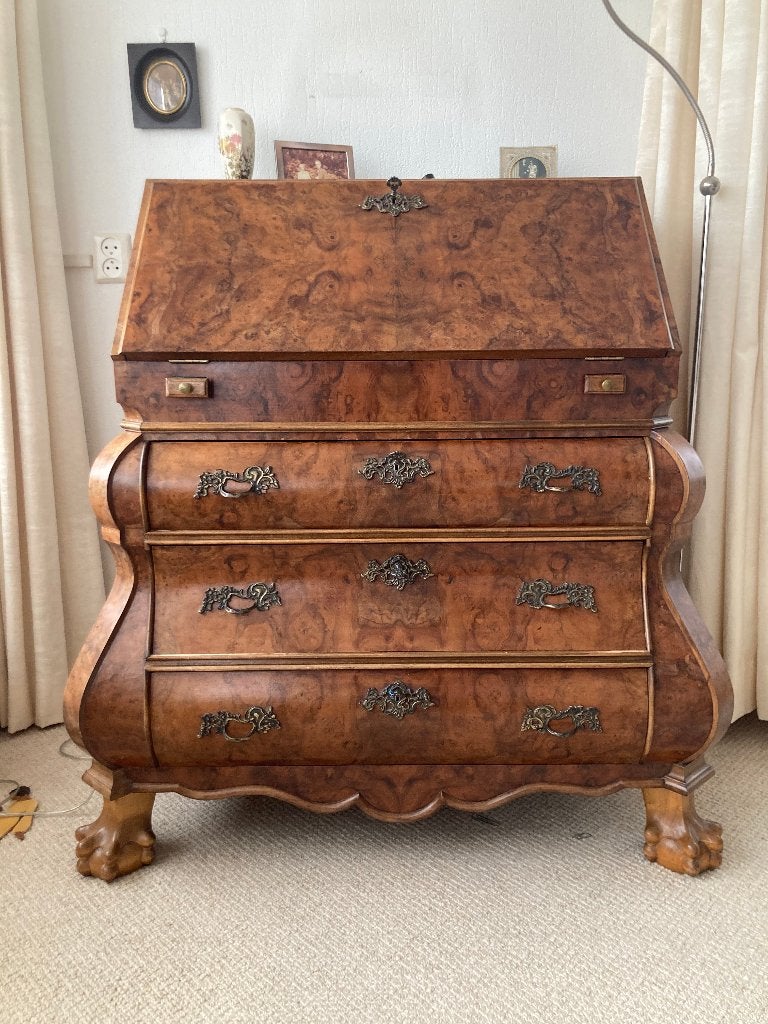 Antiek wortelnotenhout secretaire mahoniefineer hout bureau, Ophalen, Zo goed als nieuw