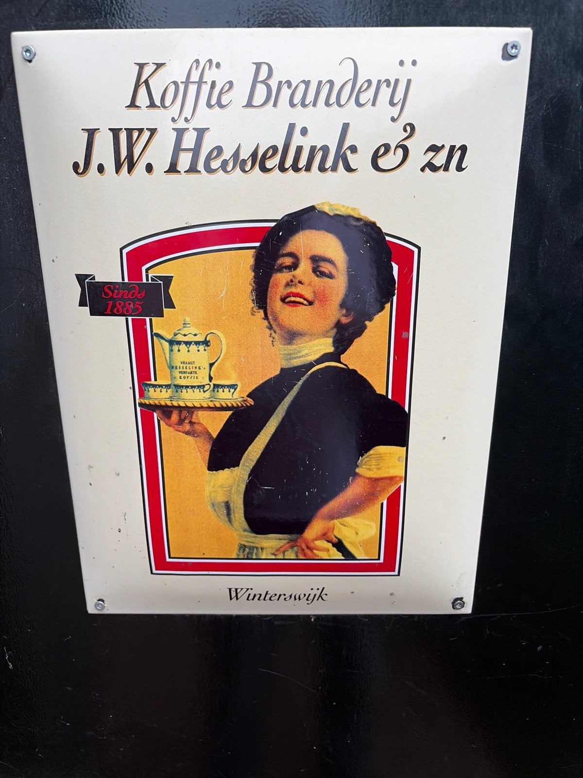 Emaille reclamebord Koffie Branderij J.W. Hesselink, Ophalen of Verzenden, Gebruikt, Reclamebord