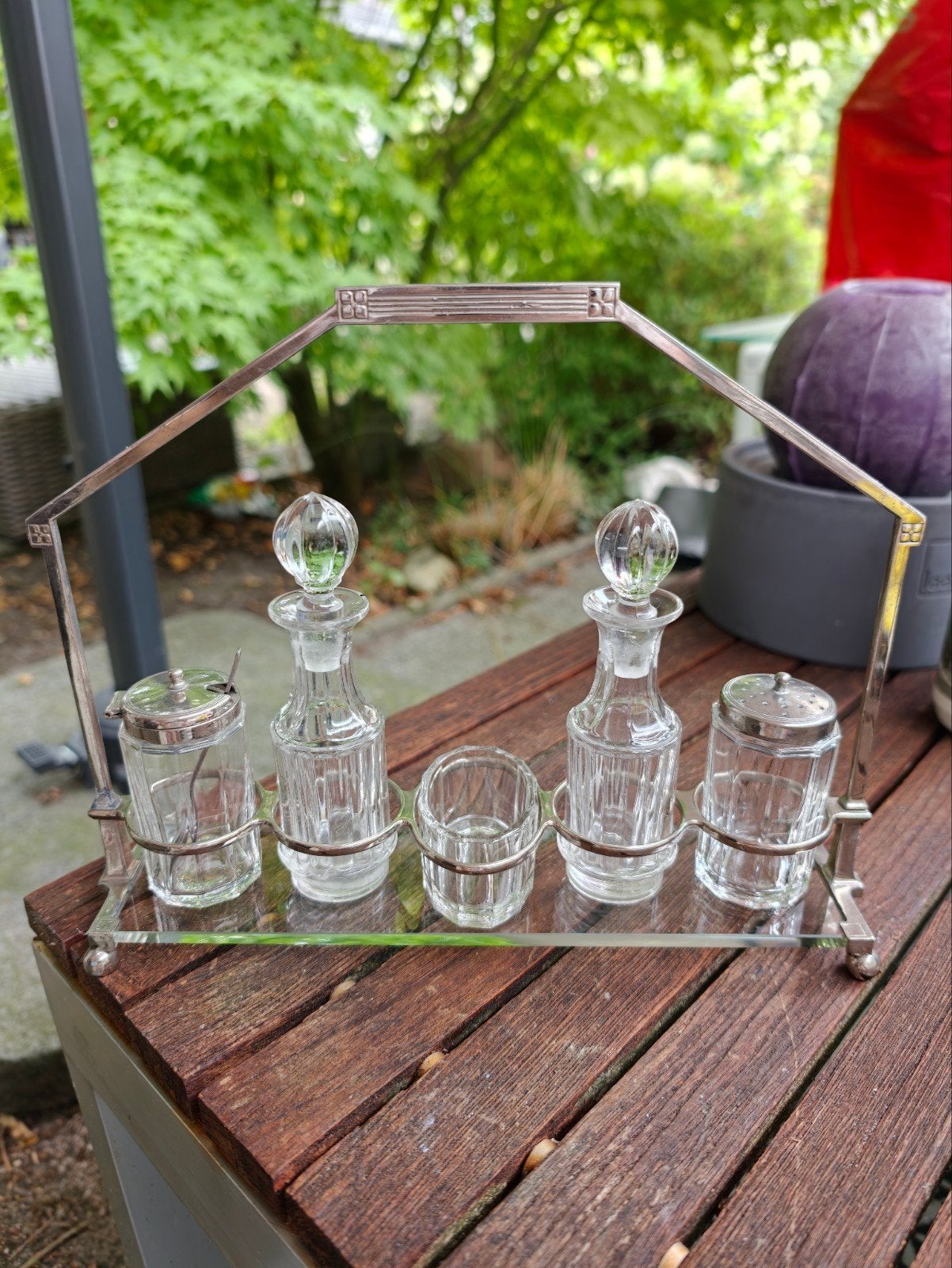 Art Deco Tafelstel 5-delig met Metalen Drager en Glas, Antiek en Kunst, Ophalen of Verzenden