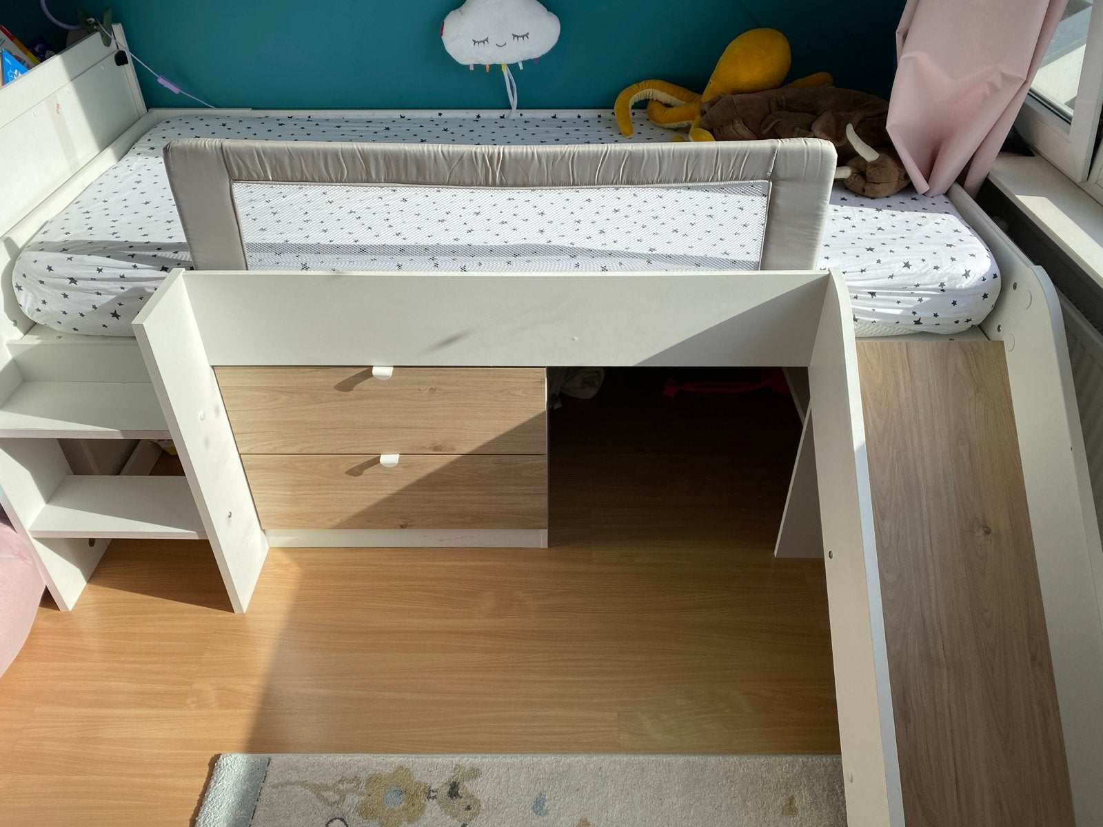 Halfhoogslaper met glijbaan en lades, zonder matras/uitvalhe, Ophalen, Gebruikt, 90 cm, Eenpersoons