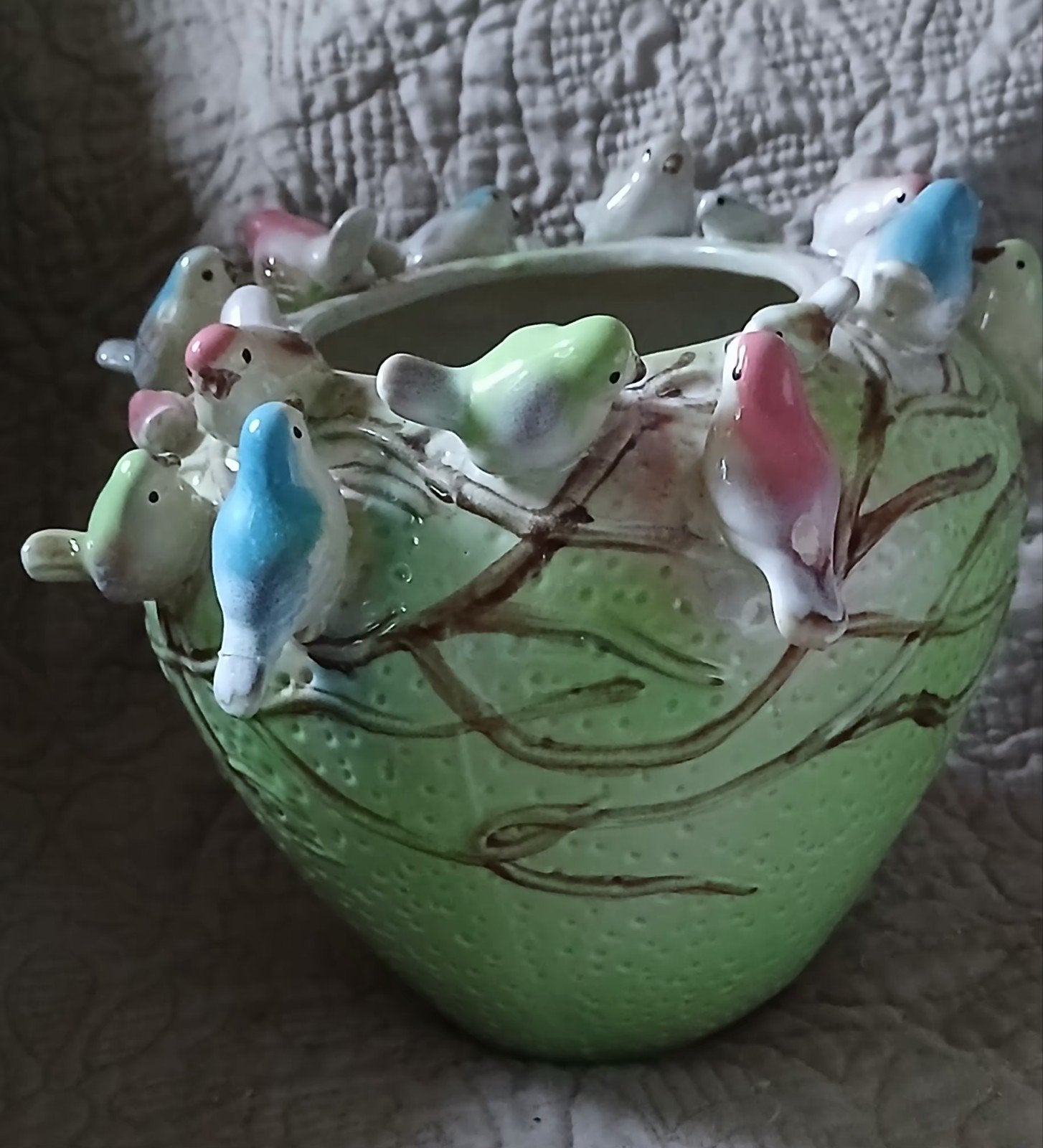 Grote (mint) groene vaas van Des Pots met vogels/vogeltjes, Nieuw, Ophalen of Verzenden, Steen/keramiek, Groen