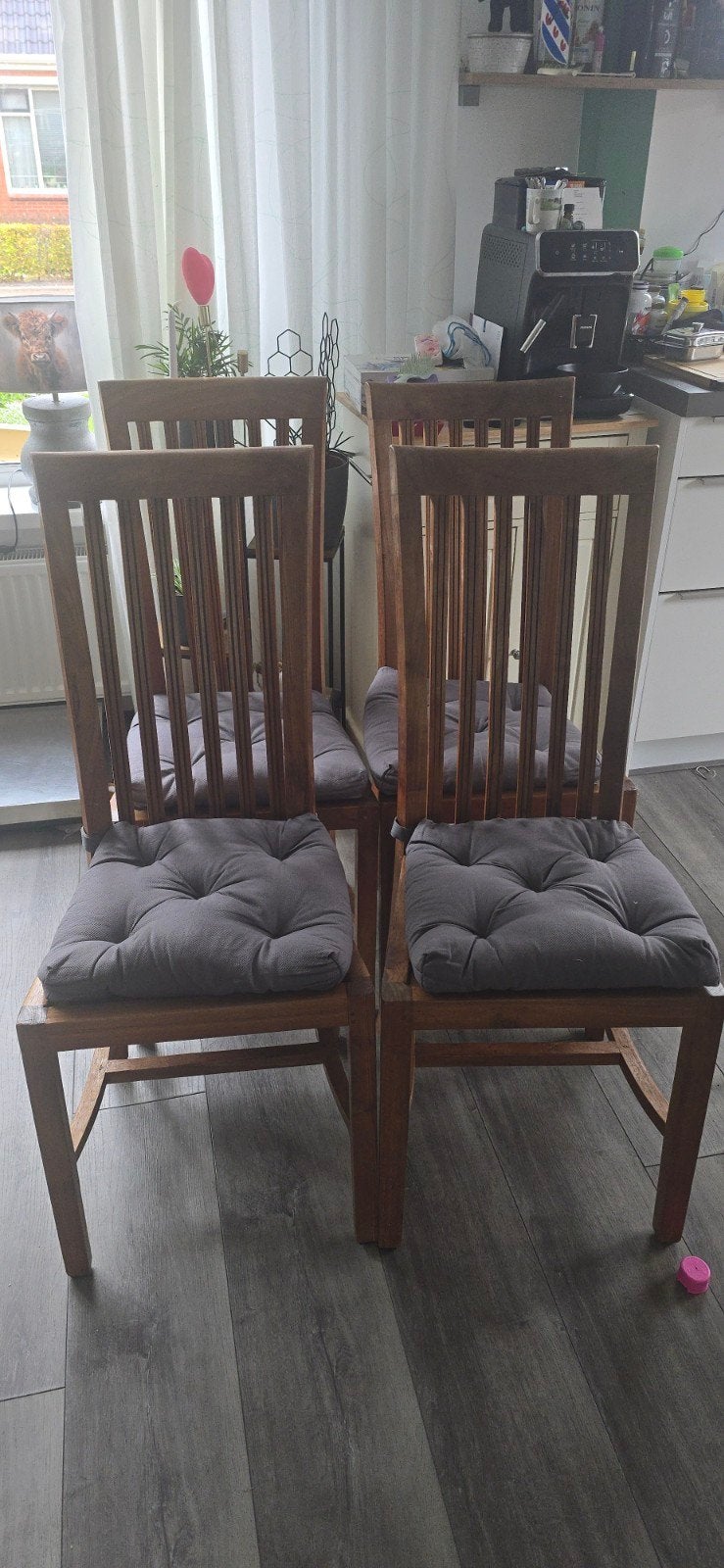 6 teak houten stoelen met kussens en vloerbeschermers, Ophalen, Hout, Gebruikt, Bruin