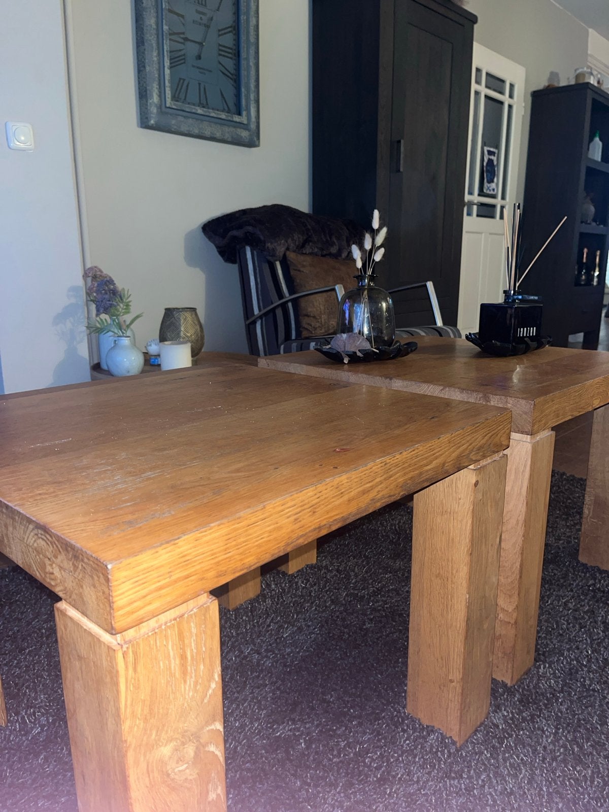Set van 2 massief eikenhouten salontafels, Gebruikt, Eikenhout, Vierkant, 50 tot 100 cm