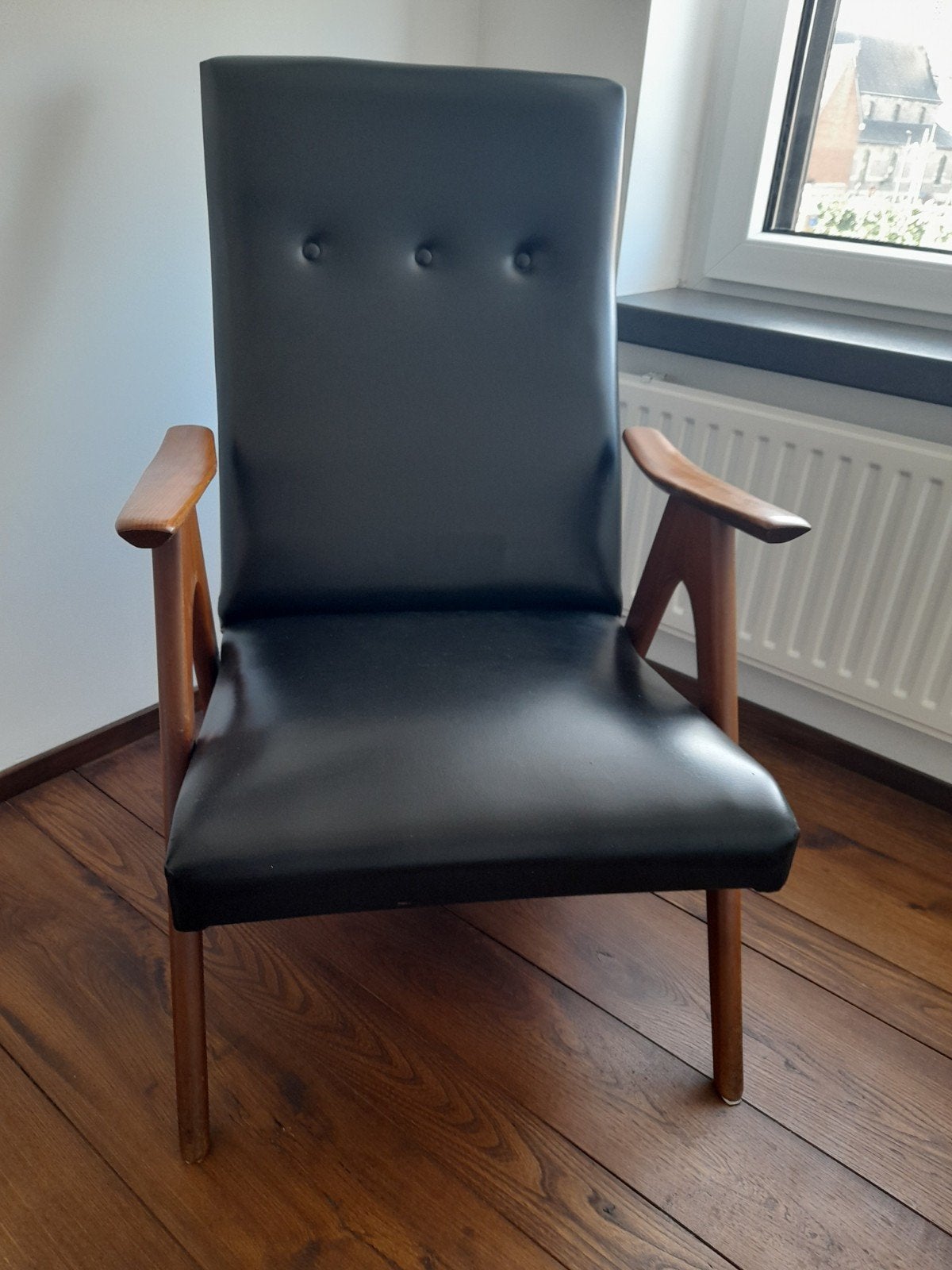 Louis van Teefelen fauteuil zwart skai bekleed., Ophalen, Gebruikt, Zwart, Hout