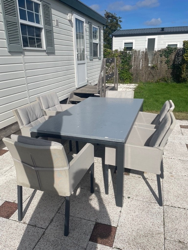 Tuinset met stenen bovenblad en 6 stoelen, Tuin en Terras, Ophalen, Gebruikt, Rechthoekig, Overige materialen