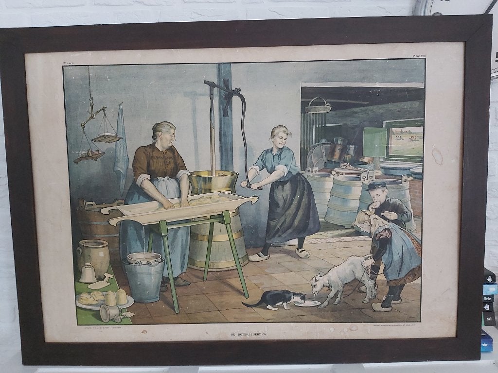 Antieke schoolplaat " de Boterbereiding"., Antiek en Kunst, Antiek | Schoolplaten, Ophalen, Natuur en Biologie