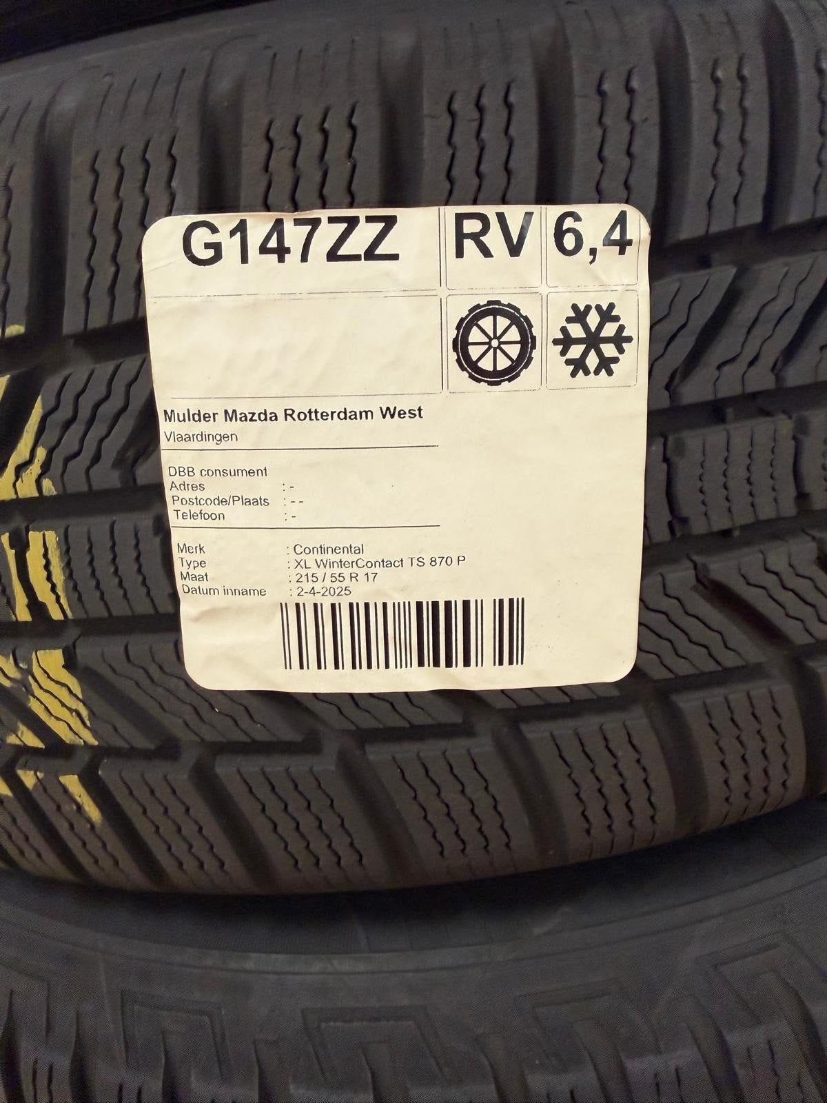 Mazda 6 velgen met Winterbanden Continental 215/55 R17, Auto-onderdelen, Ophalen, 17 inch, Winterbanden, Band(en)
