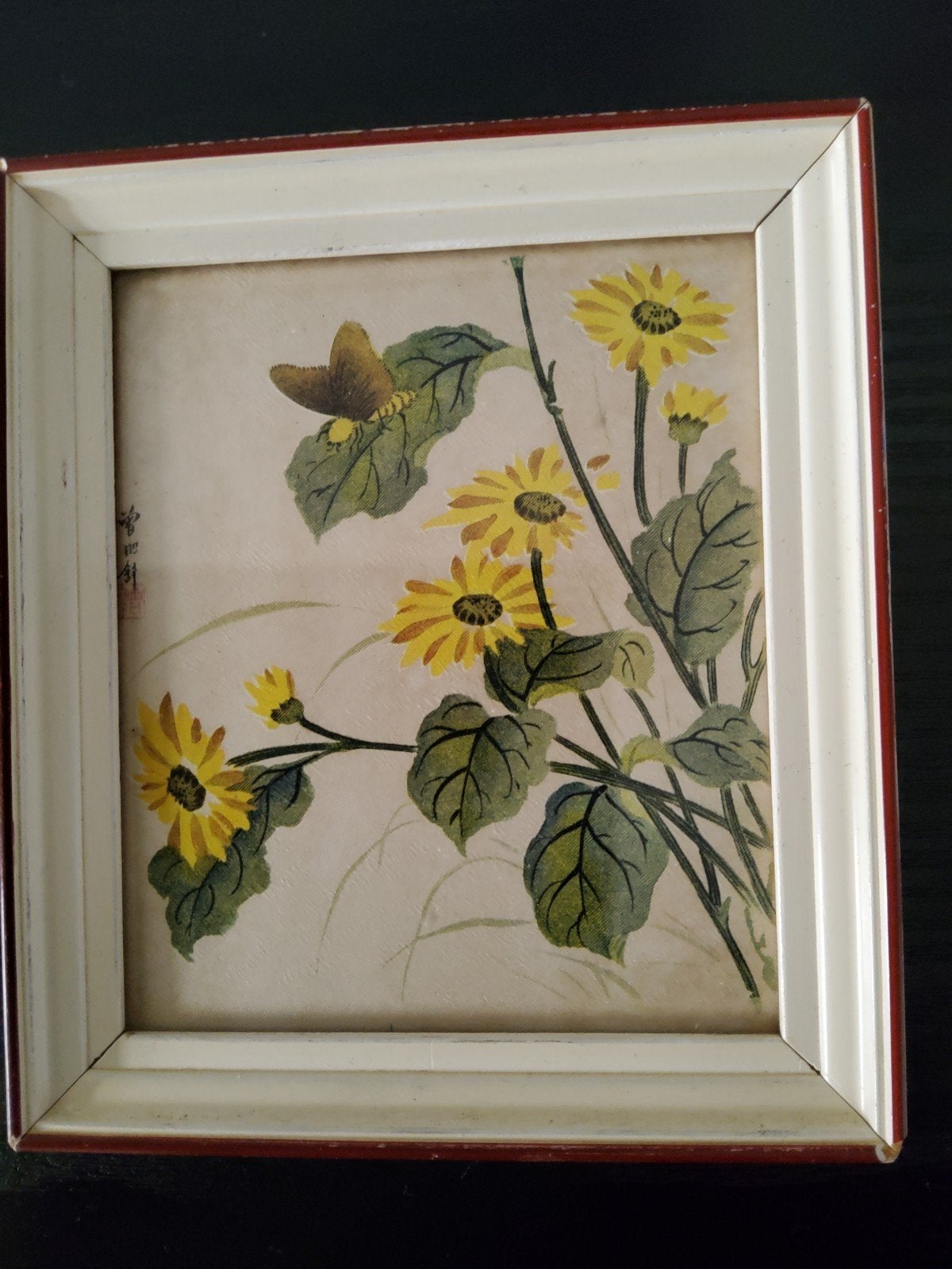 Gesigneerd Chinees zijdeschilderij met vlinder en bloemen, Bloemen, Ophalen of Verzenden, Gesigneerd, Klassiek