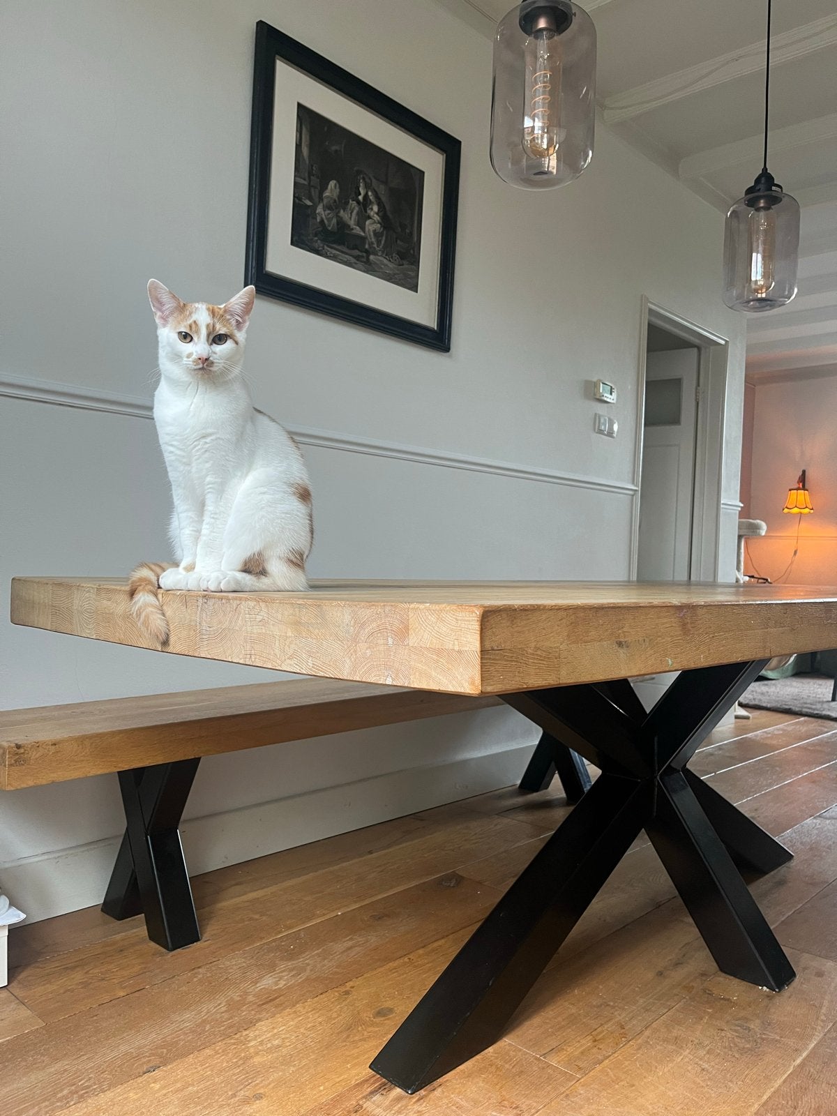 Eikenhouten eettafel met bank van Gregoor interieurbouw, Ophalen, Gebruikt, 100 tot 150 cm, Eikenhout