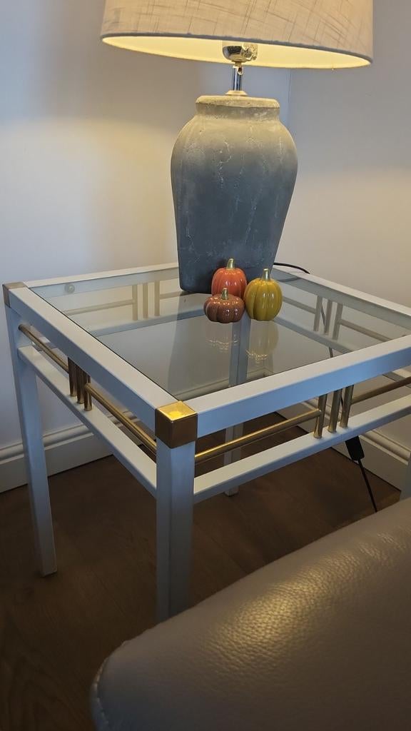 bijzettafel met glas en metaal, Gebruikt, Vierkant, 55 tot 75 cm, Glas