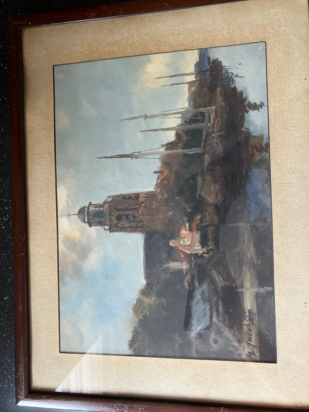 Schilderij: Haven met toren, gesigneerd Ph Jacoby, Maritiem / water, Doek, Realistisch, Ophalen of Verzenden