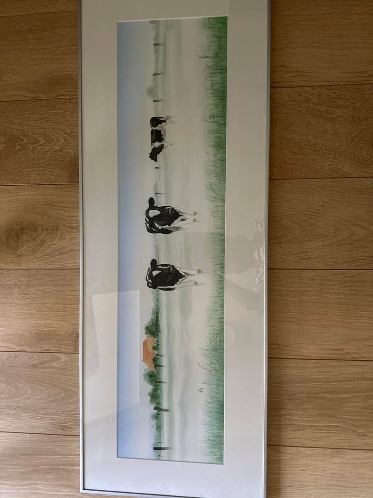Aquarel Wiebe van der Zee - Koeien in landschap 111x40 cm, Ophalen