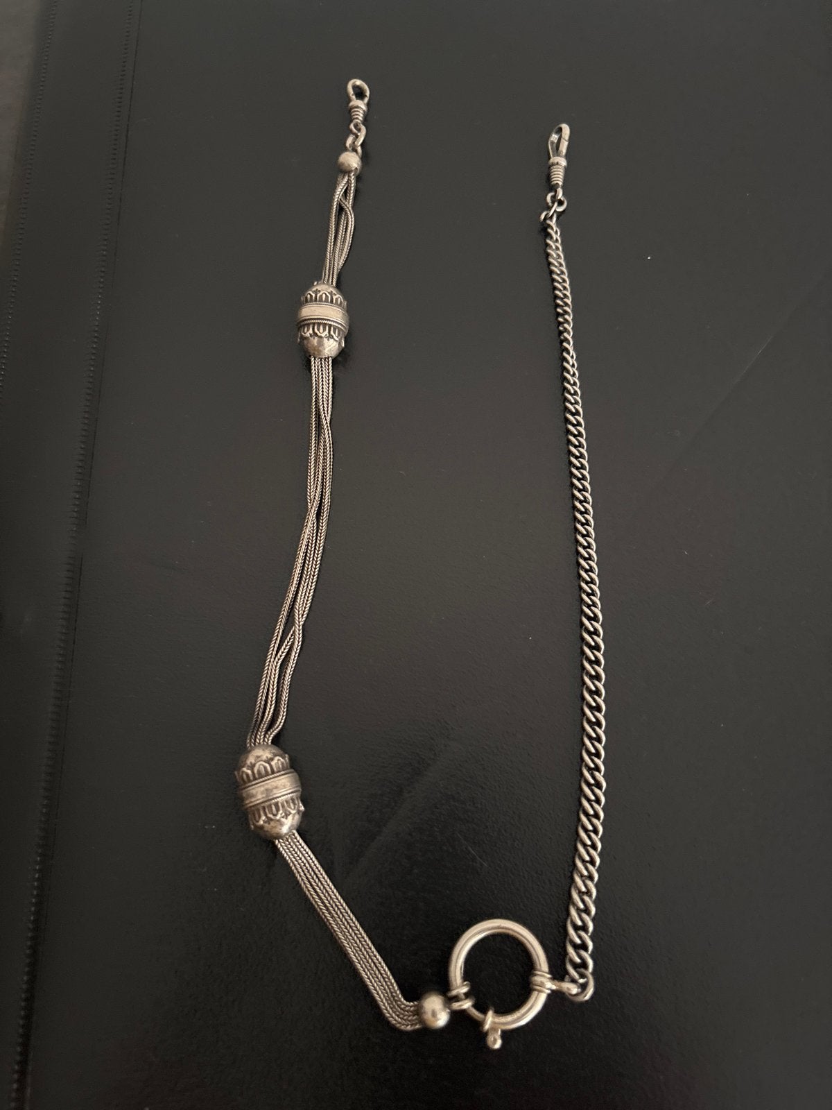 Antieke zilveren zakhorlogeketting met zilveren kralen, Antiek en Kunst, Ophalen of Verzenden