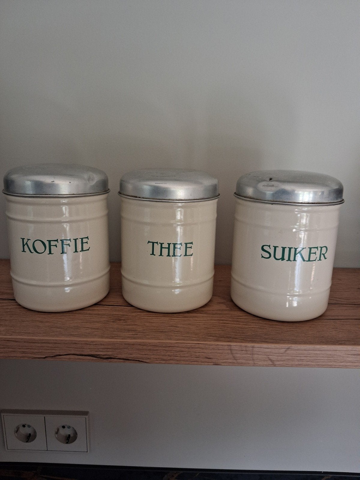 Vintage emaille voorraadpotten (koffie, thee, suiker), Ophalen of Verzenden