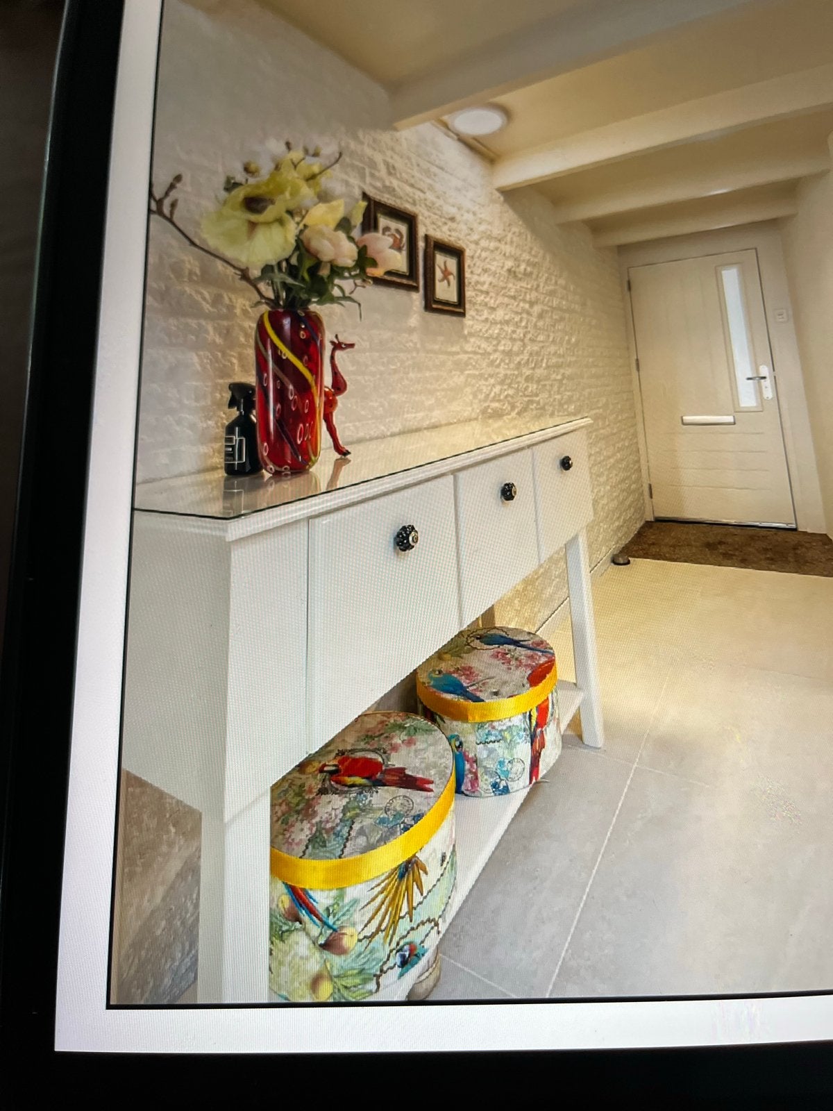 Witte console tafel met lades en plank, Ophalen, Gebruikt, 100 tot 150 cm, Met lade(s)