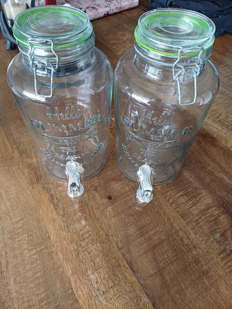 2x Glazen Drankdispenser met Tap - Hello Summer, Ophalen, Zo goed als nieuw, Overige merken, Glas