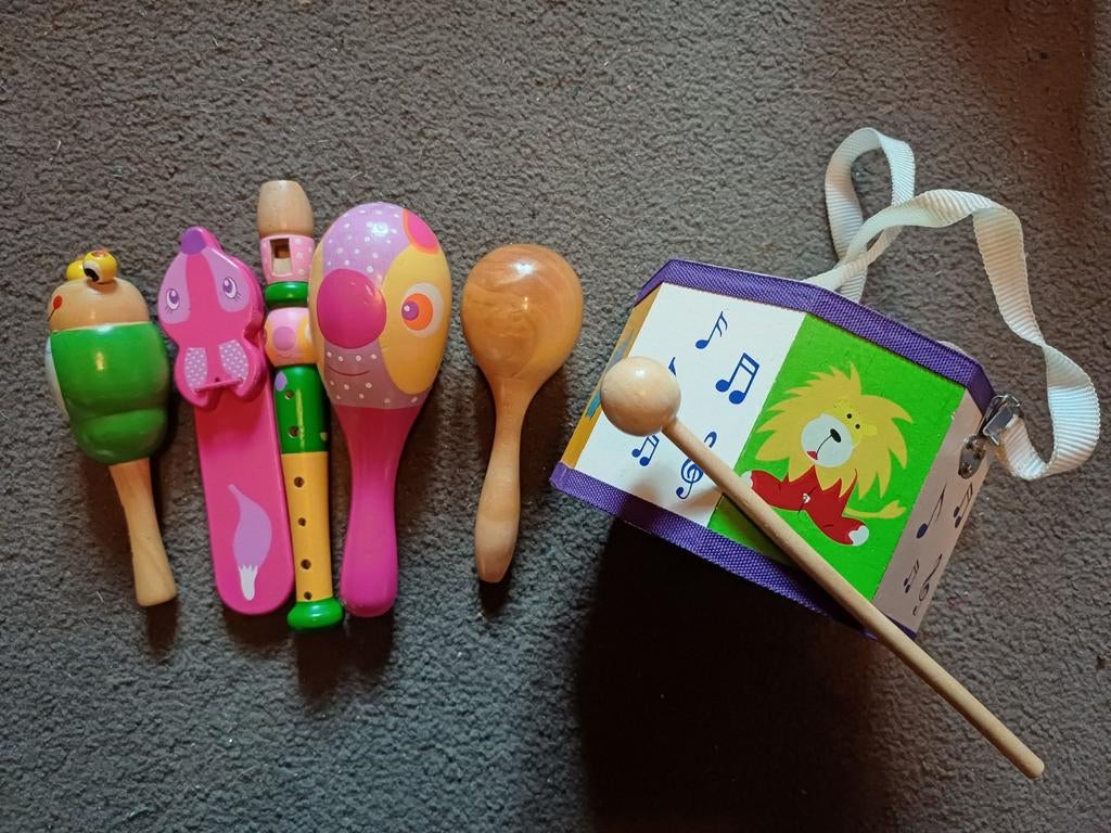 Houten Muziekinstrumenten Set: Fluit, Sambabal, Trommel, Ophalen of Verzenden, Gebruikt, Overige typen, Met geluid