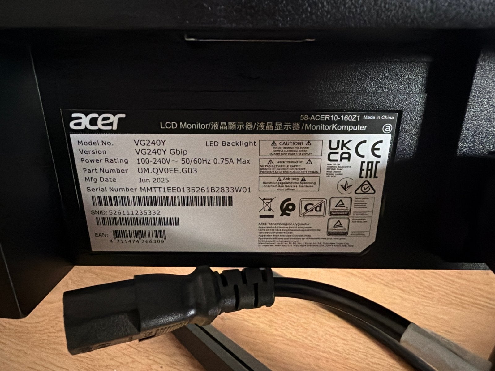 Acer VG240Y Gbiip Full HD LED Monitor, Gaming, HDMI, 3 tot 5 ms, Full HD