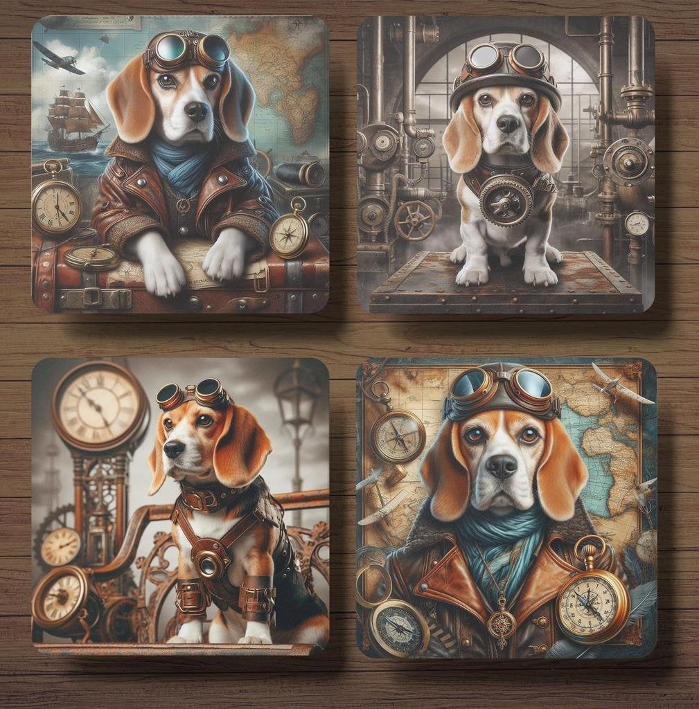 Beagle Steampunk onderzetters met houder, Ophalen of Verzenden, Nieuw
