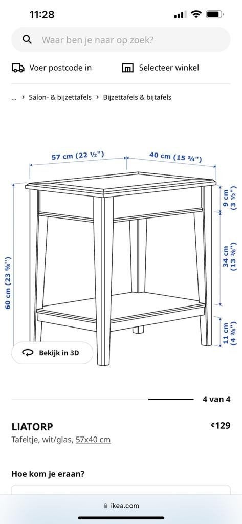 IKEA LIATORP bijzettafel wit/glas, Ophalen, Modern, Klassiek, 55 tot 75 cm, Zo goed als nieuw