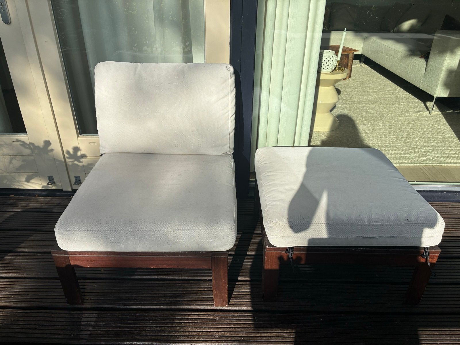 Ikea lounge stoel met voetenbank en kussens voor buiten, Tuin en Terras, Ophalen, Gebruikt