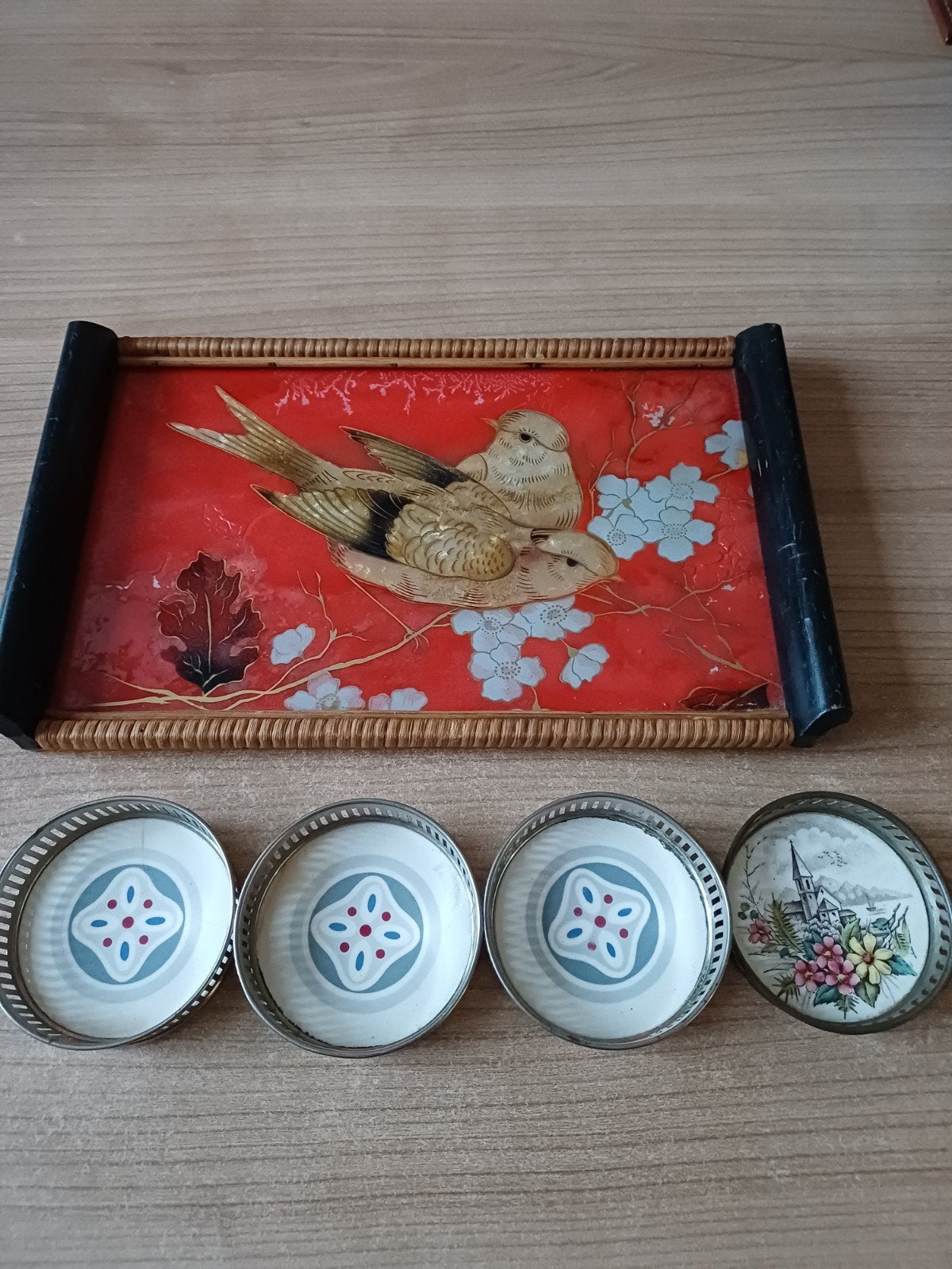 Antiek dienblaadje met 4 onderzetters - Antiek set, Antiek en Kunst, Ophalen of Verzenden
