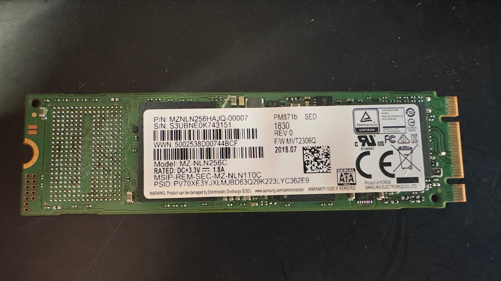Samsung PM871b 256GB M.2 SATA SSD 2280, Intern, Gebruikt, SSD, Ophalen of Verzenden