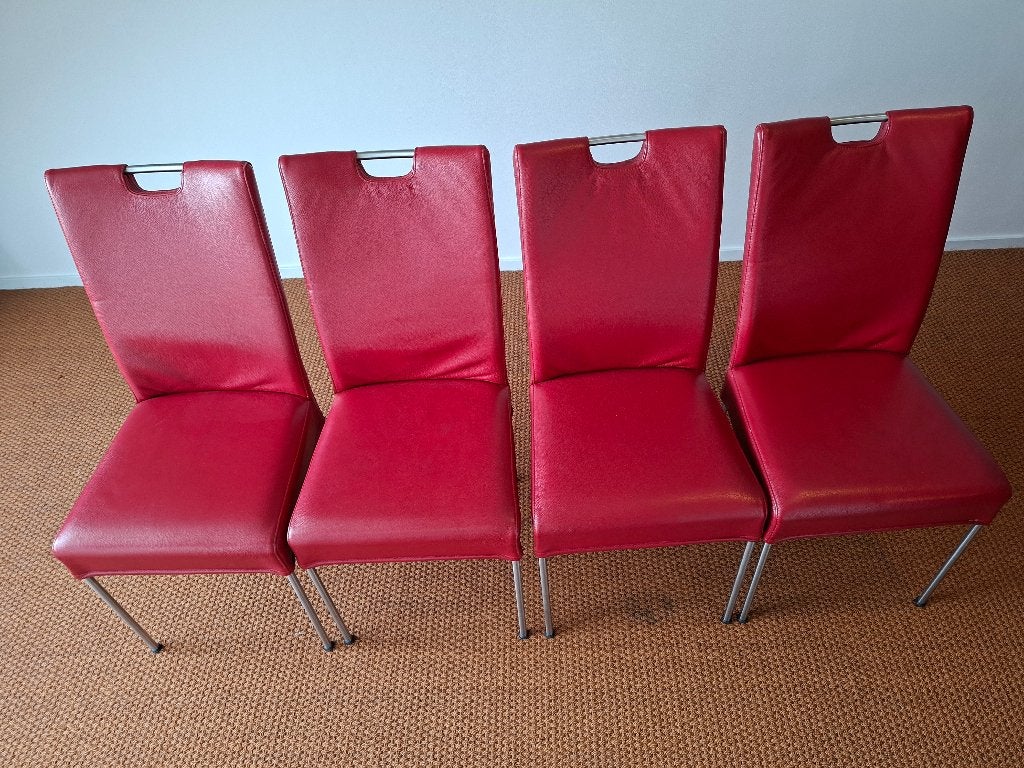Set van 4 rode leren eetkamerstoelen, Ophalen, Gebruikt, Vier, Modern