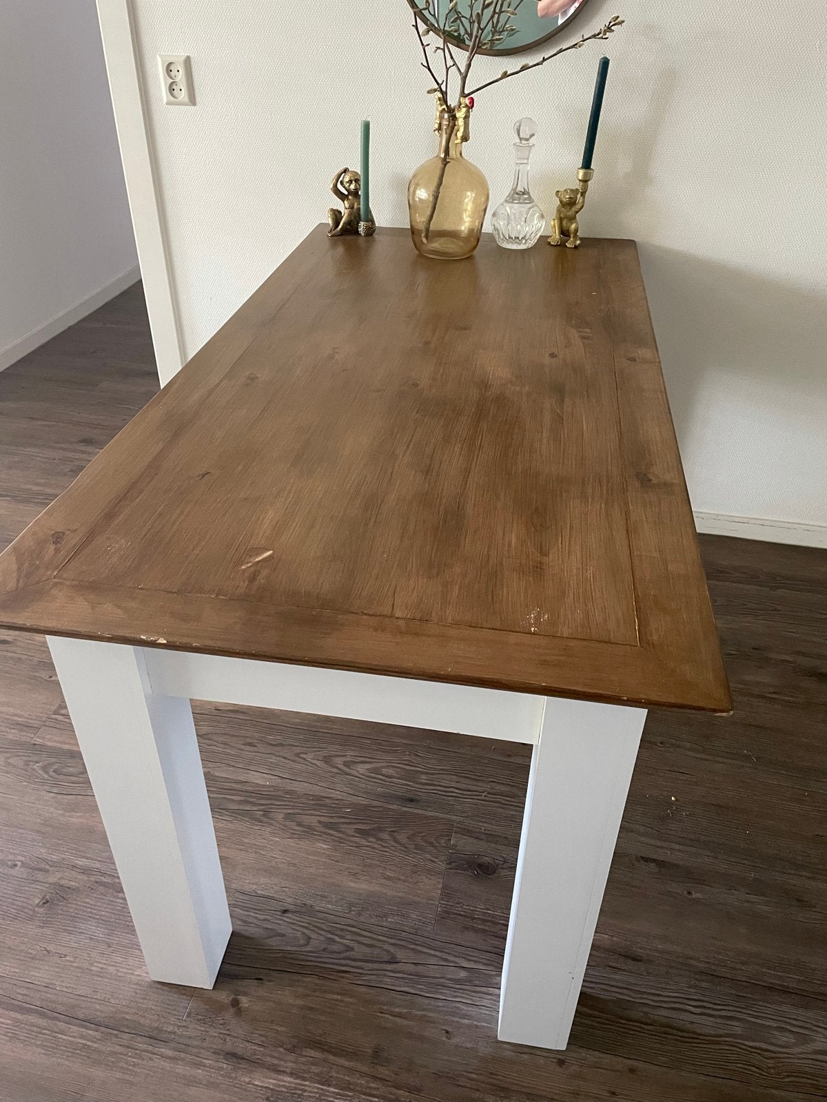 Eettafel met wit onderstel en houten blad, Ophalen, Gebruikt, 50 tot 100 cm, 150 tot 200 cm