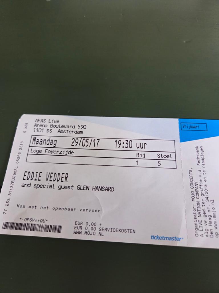 Concertkaart Eddie Vedder in Afas Live 2017, Ophalen of Verzenden, Zo goed als nieuw, Overige typen