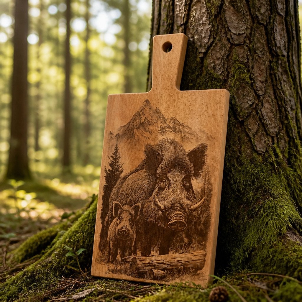 Unieke Wilde Zwijnen Snijplank - Hout met Gravure, Hout, Snij-/serveerplank, Nieuw, Ophalen of Verzenden