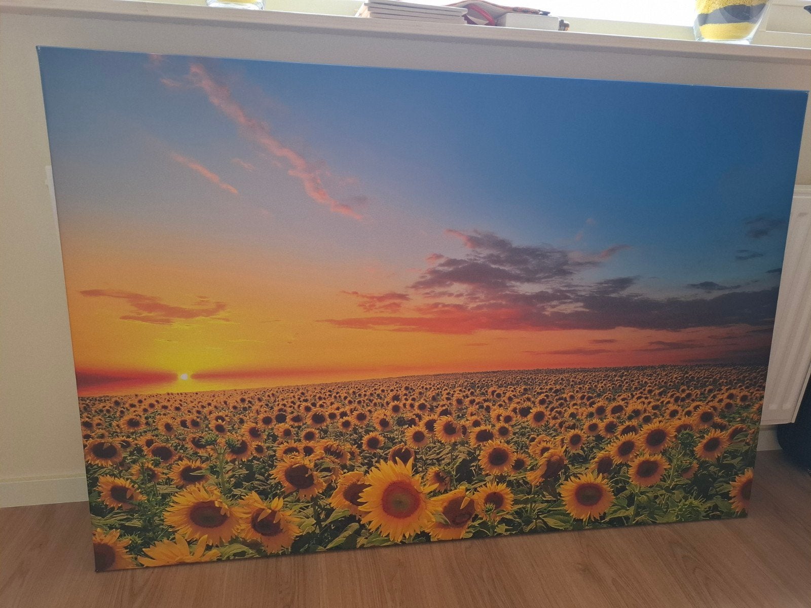 Canvas Schilderij Zonnebloemveld Zonsondergang, Ophalen of Verzenden, Zo goed als nieuw, Schilderij, 100 tot 125 cm
