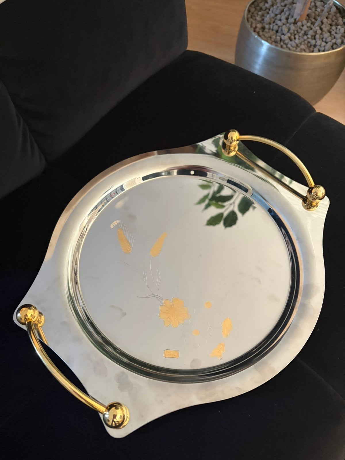 Vintage Italiaans design rvs dienblad met 24k goudaccenten, Antiek en Kunst, Ophalen of Verzenden