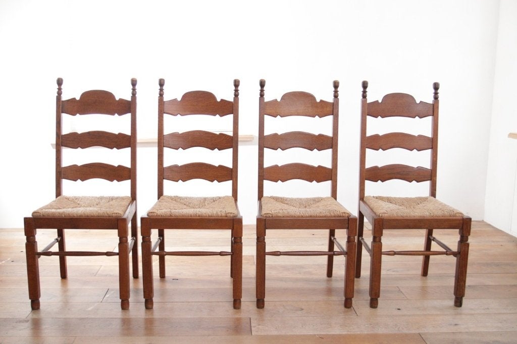 Set van 4 eiken ladderback eetkamerstoelen biezen zitting, Huis en Inrichting, Ophalen, Gebruikt, Bruin, Vier