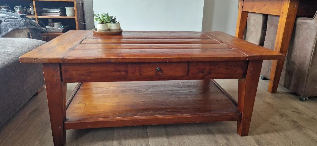 Massief taek houten salontafel 120cm, Ophalen, Gebruikt, 100 tot 150 cm, 50 tot 75 cm