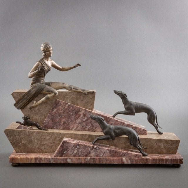 Art Deco Sculptuur Hazenjacht Schouwstuk Vrouw Honden Marmer, Ophalen of Verzenden, Europa, Beeld, 50 - 100 cm