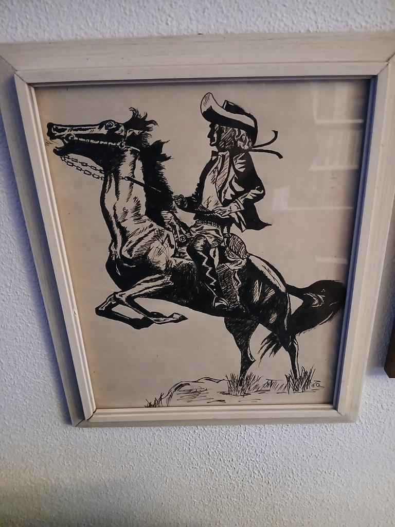Vintage ingelijste tekening: Ruiter te paard, Ophalen of Verzenden