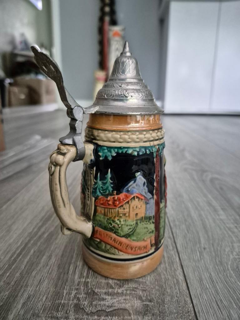 Vintage Duitse Bierpul met Tin Deksel - Handgeschilderd, Ophalen of Verzenden