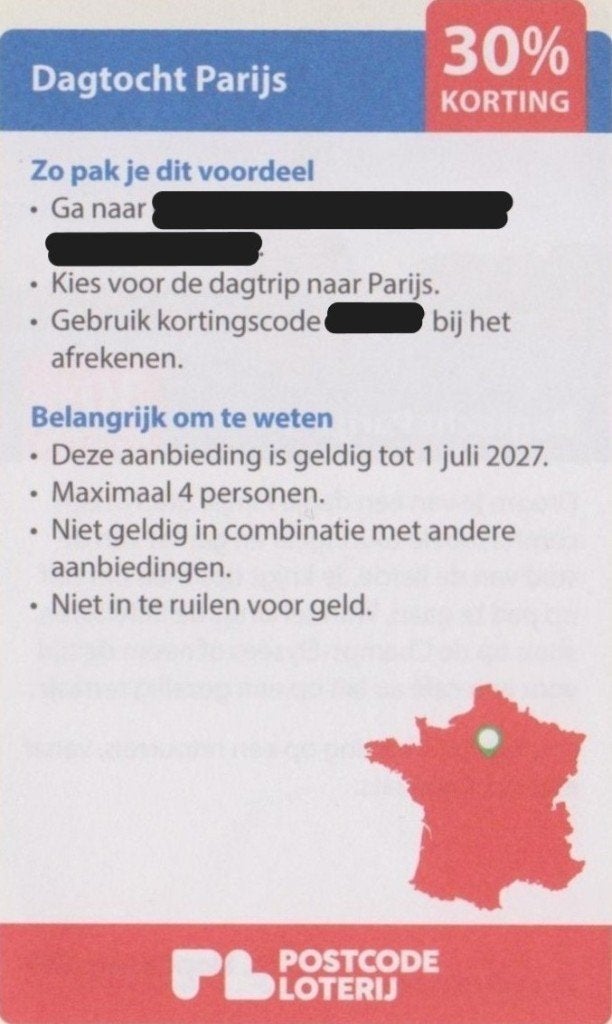 Dagtocht Parijs. 30% korting. Postcodeloterij kortingsbon., Drie personen of meer, Bus, Metro of Tram, Buitenland, Kortingskaartje
