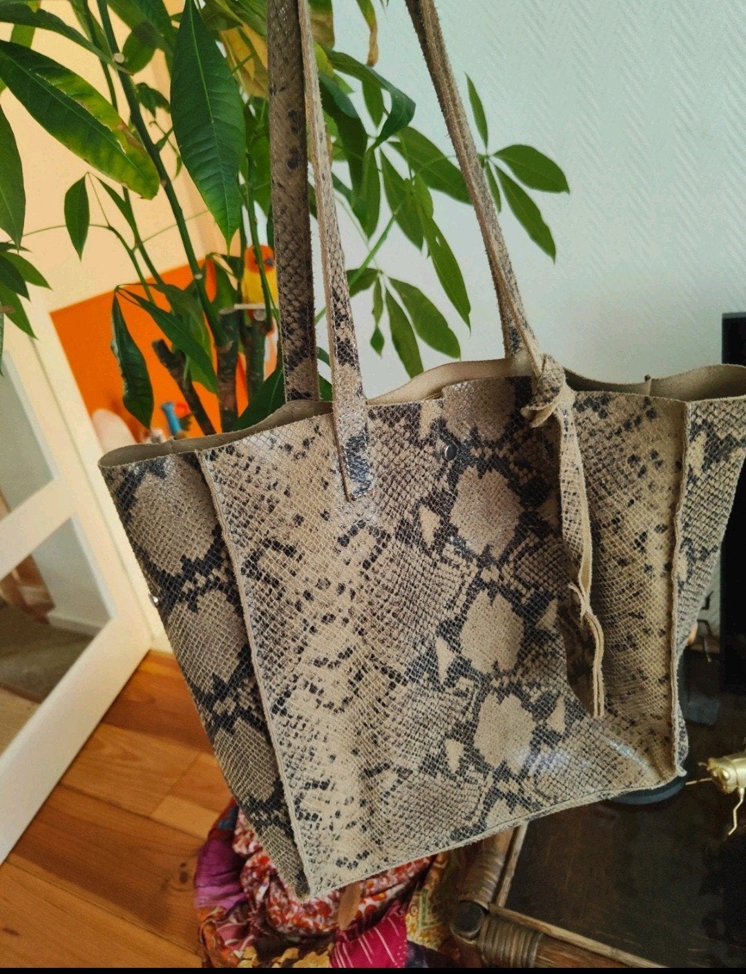 Leren tas met slangenprint en magneetsluiting, Ophalen of Verzenden, Gebruikt, Bruin, Shopper