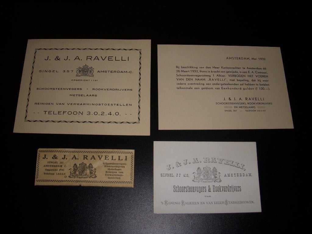 Reclamekaarten van J. & J.A Ravelli Schoorsteenvegers A'dam, Ophalen of Verzenden