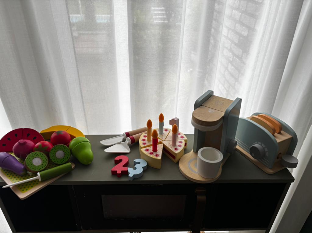Houten speelset: Senseo, broodrooster, taart & fruit, Ophalen of Verzenden, Gebruikt, Overige typen