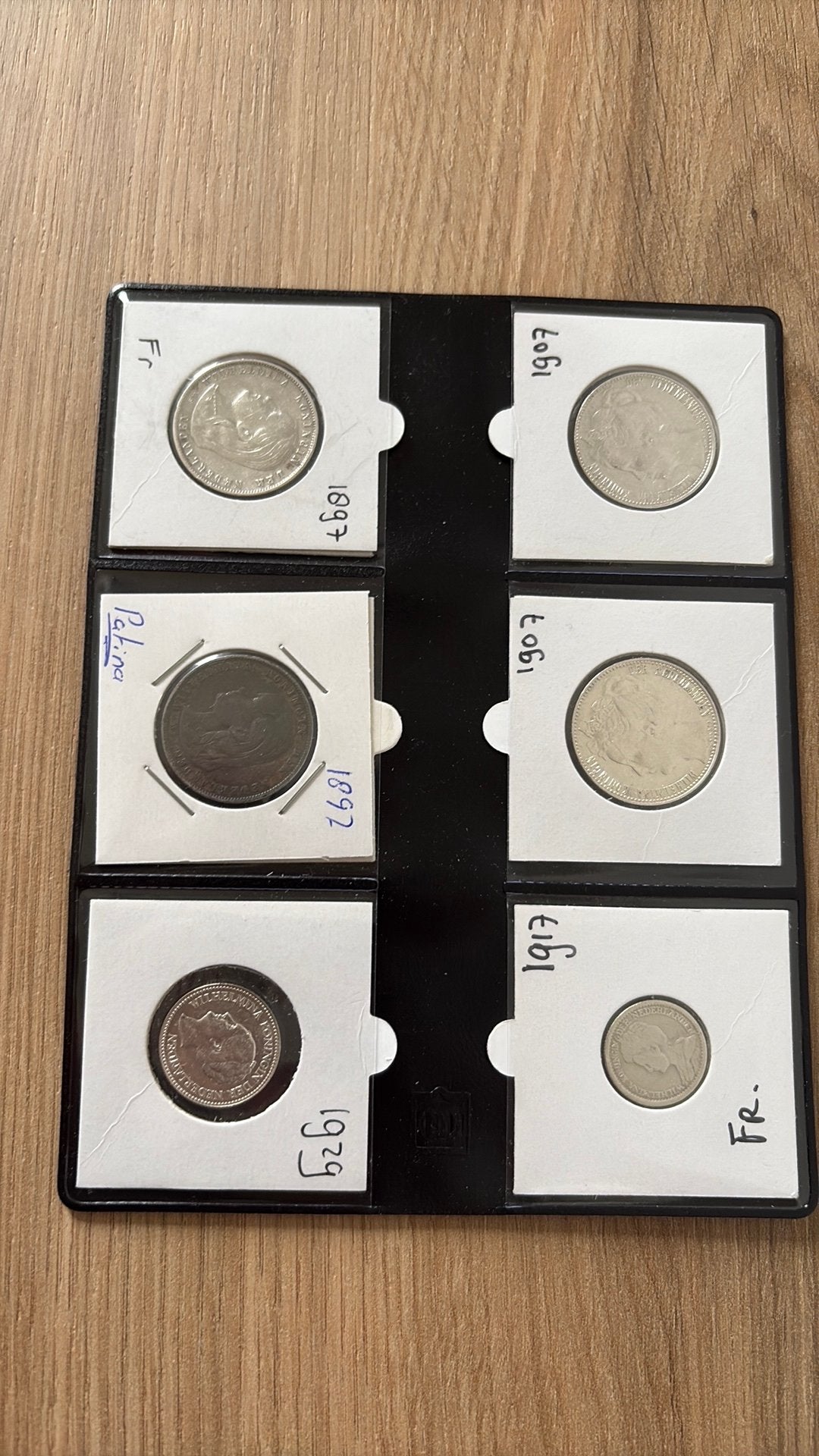 6x zilveren munten Wilhelmina in mapje, 1 gulden, Setje, Zilver, Ophalen of Verzenden