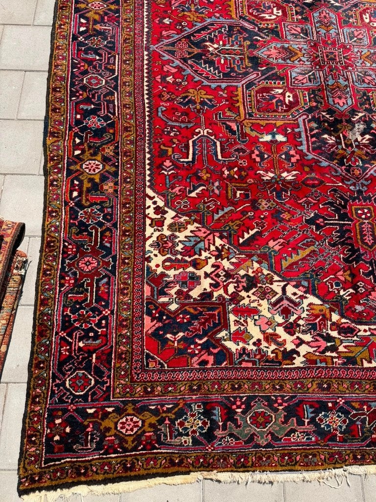 Prachtig Heriz tapijt –386x292cm –opvallend rood & turquoise, Wool, Gebruikt, Crème, 200 cm of meer