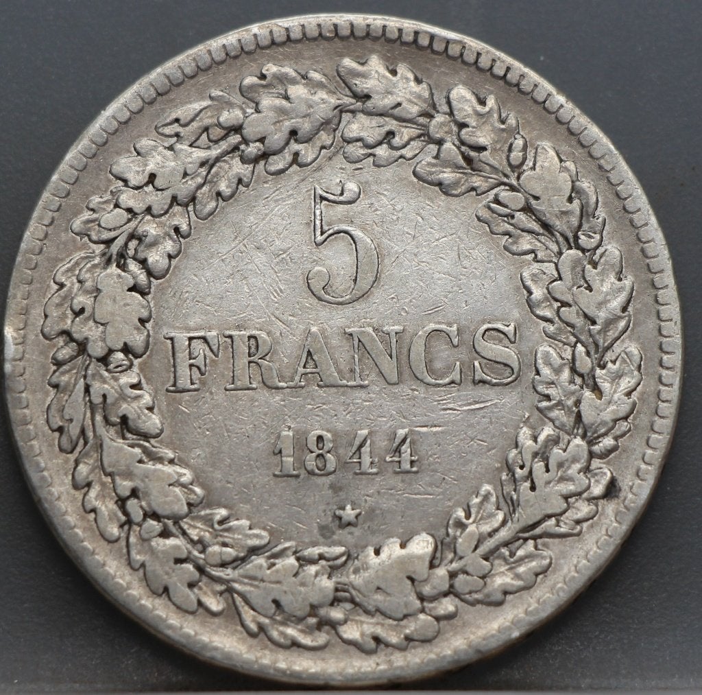 Zilveren 5 francs 1844 Belgie pos. B - zeldzaam, Zilver, Ophalen of Verzenden, Losse munt, Zilver