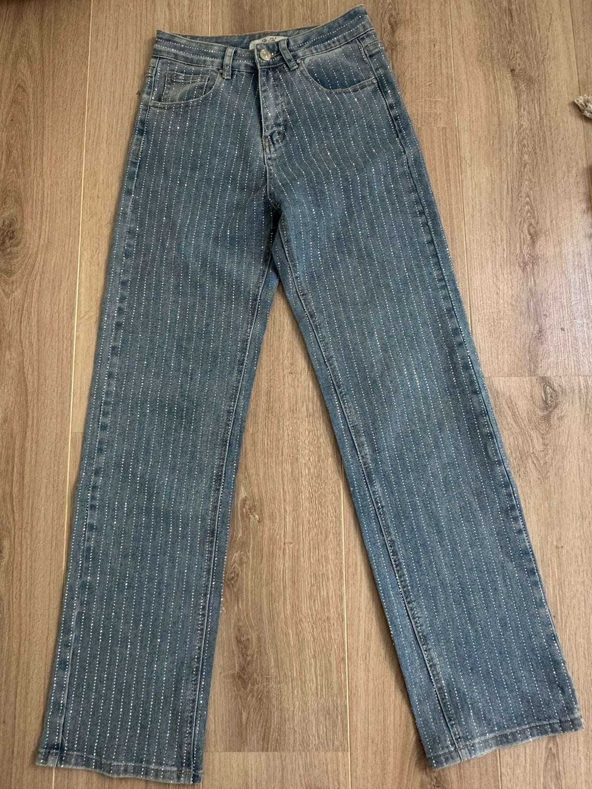 Spijkerbroek met glitter steentjes, Ophalen, Zo goed als nieuw, Blauw, W27 (confectie 34) of kleiner