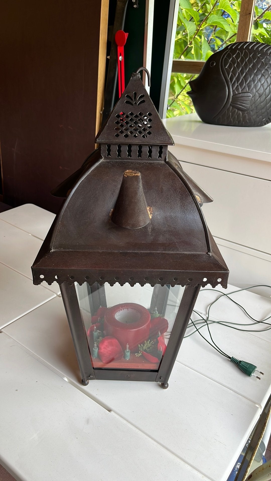 Windlicht - Lantaarn met verlichting en een kaars, Ophalen, Hout, Kaars